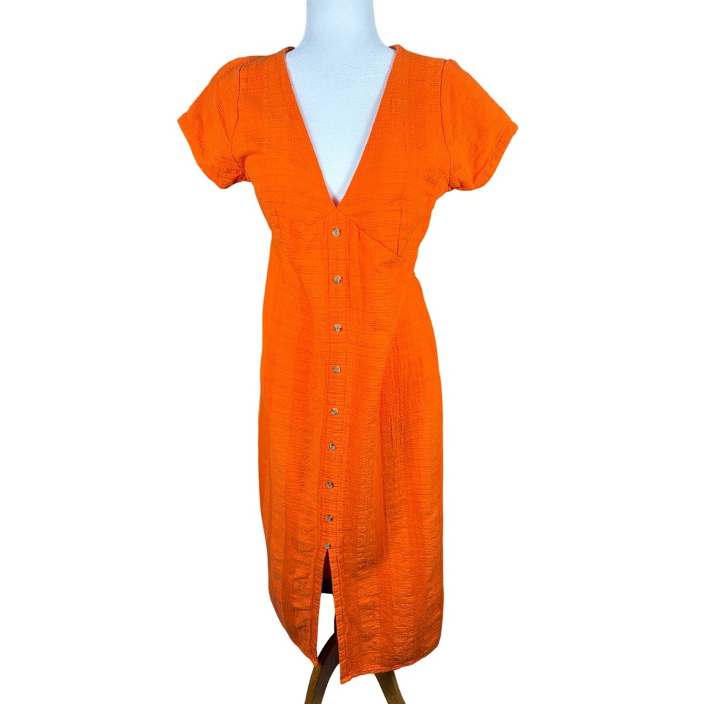Venus Orange Cotton Textured Button Front Midi Dress Smocked‎ Back Size 8